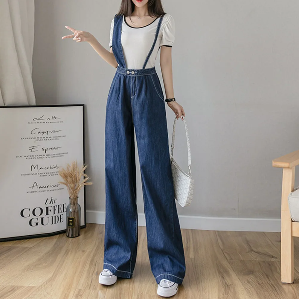 

Spring Summer Loose Mopping Blue Denim Overalls Jumpsuit Women Fashion Slimming Straight-Leg Pants Personality Streewear 2021