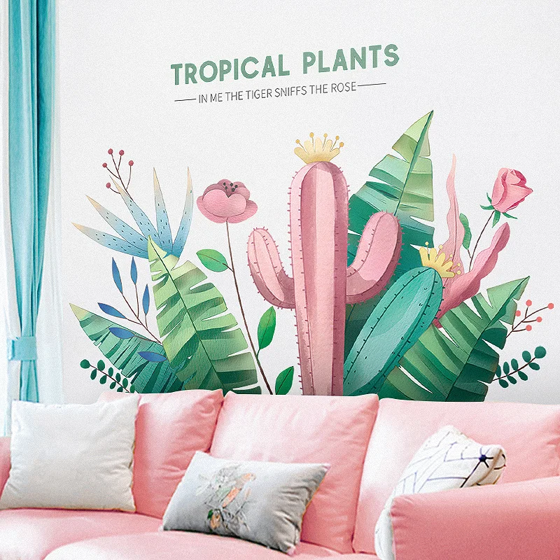 

Nordic Green Plant Wall Stickers Flowers Living Room Bedroom Decor Cactus Art Vinyl Wallpaper Decals for Furniture DIY