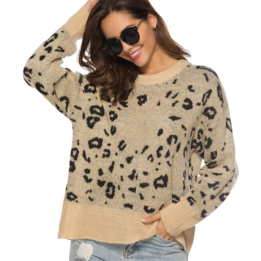 women's sweater knitted KLV blouses woman 2019 Women's oversized leopard long-sleeved knit shirt top 9.4 | Женская одежда