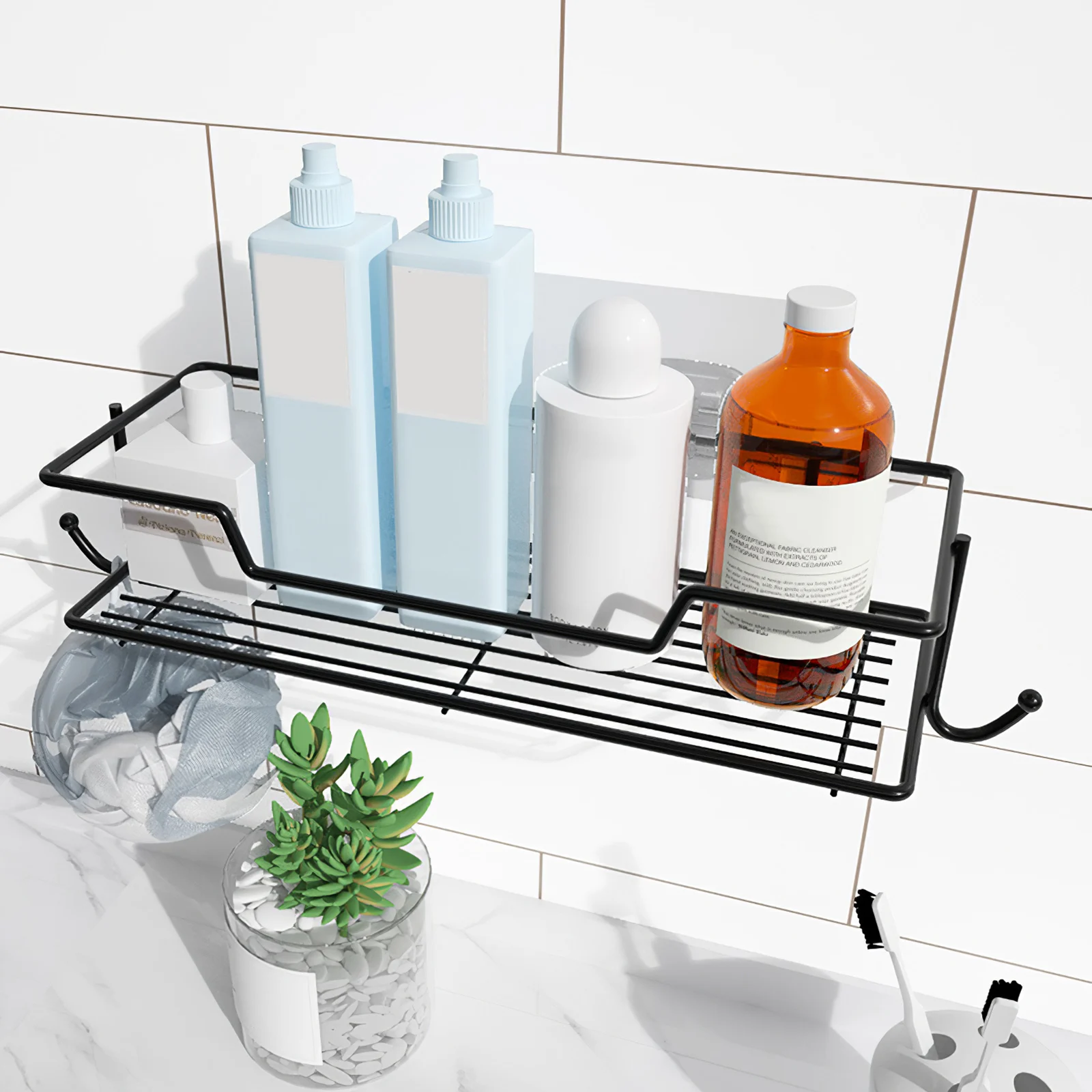 

Black Bathroom Shelves Kitchen Wall Shelf Shower Storage Rack Towel Bar Bathroom Accessories