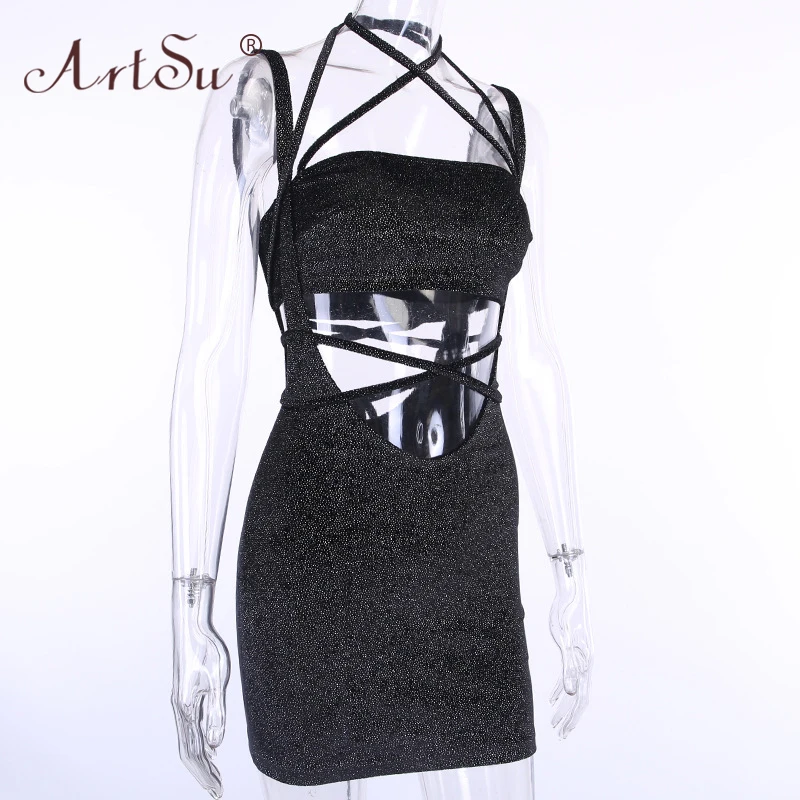 ArtSu Sparkly Black Sexy Dresses Club Wear Women Bodycon Mini Bandage Dress Two Piece Set Fashion Hollow Out Halter Party | Женская