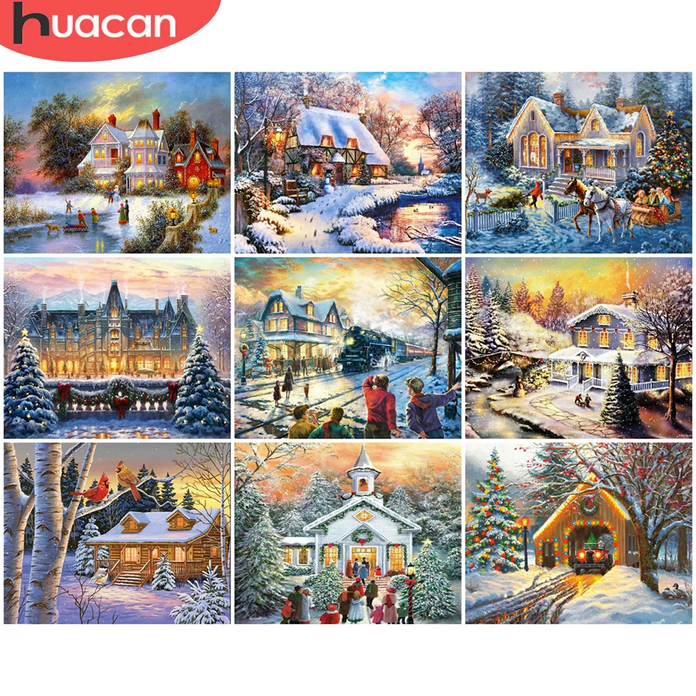 

HUACAN 5D DIY Picture By Numbers House Scenery Unique Gift Wall Art HandPainted Painting By Number Winter Decoration