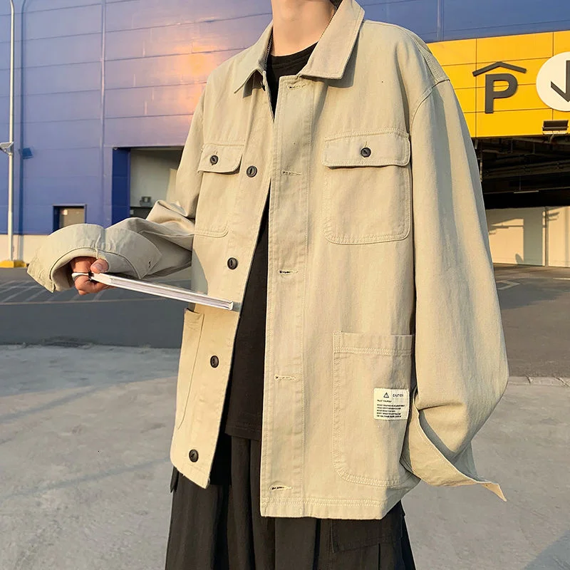 

Black Gray Jackets Long Sleeve Men's Clothes Loose Classic Retro Overalls Streetwear Thin Versatile Multi-pocket Tops Oversize