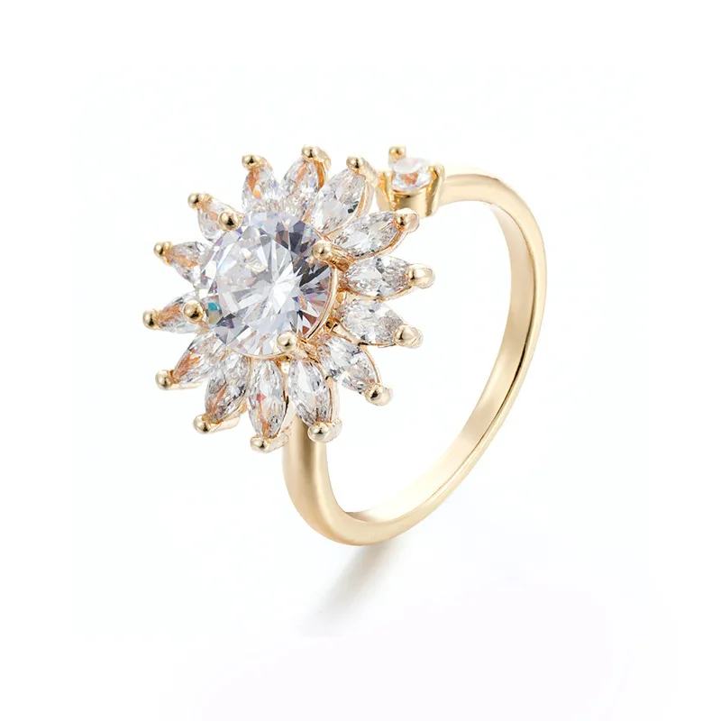 

2021 new golden sunflower ring female rotating opening size sunflower-shaped carat zircon ring wedding ring jewelry gift