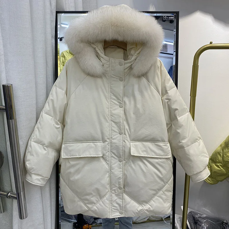 

2021 winter new down jacket women's mid-length thick large fur collar loose casual slim hooded jacket