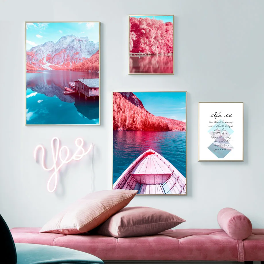 

Nordic Posters And Prints Pink Blue Mountain Tree Lake Boat House Wall Art Canvas Painting Pictures For Living Room Decoration