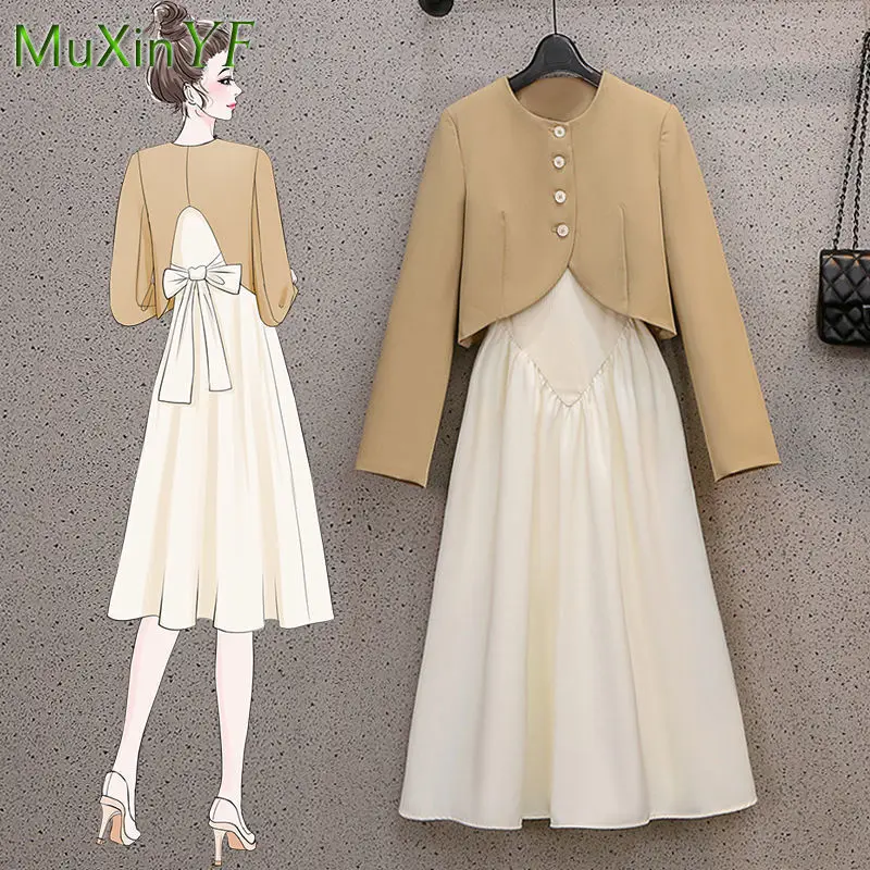 

2021 Spring Autumn New Bow-knot Vintage Blouse Jacket Dress Two-piece Korean Fashion Elegant Top Suspender Midi Skirt Suit
