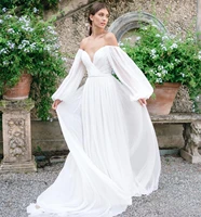 bohemian wedding dress long sleeve off shoulder chiffon beach bridal gowns floor length simple 2020 robe de mariage elegant