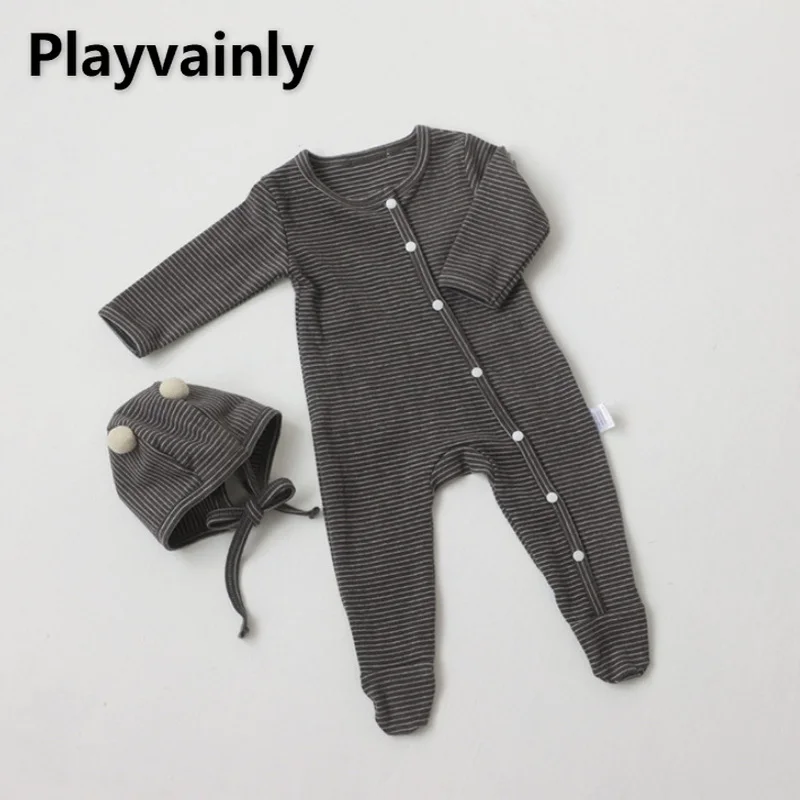

2022 Korean Style Spring Baby Girl Boy Romper Striped Basic Color Round Collar Cotton Jumpsuit+Cap Soft Clothes E9133