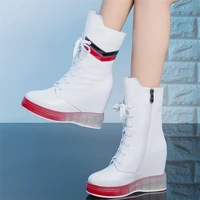 high top pumps women lace up genuine leather wedges high heel motorcycle boots female round toe fashion sneakers casual shoes