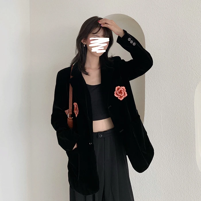 Женский бархатный костюм с цветочной вышивкой повседневный свободный блейзер