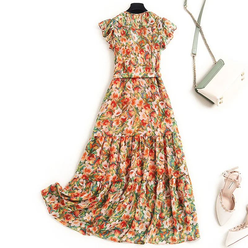 

European Southern Oil women's small flying sleeve floral dress 2021 summer new temperament lady chiffon skirt 17675