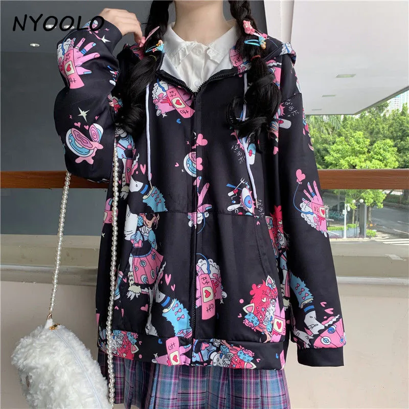 

NYOOLO Japan Harajuku cartoon sweet girl 3D pattern long sleeve cardigan hoodies women Spring autumn zipper hooded sweatshirt