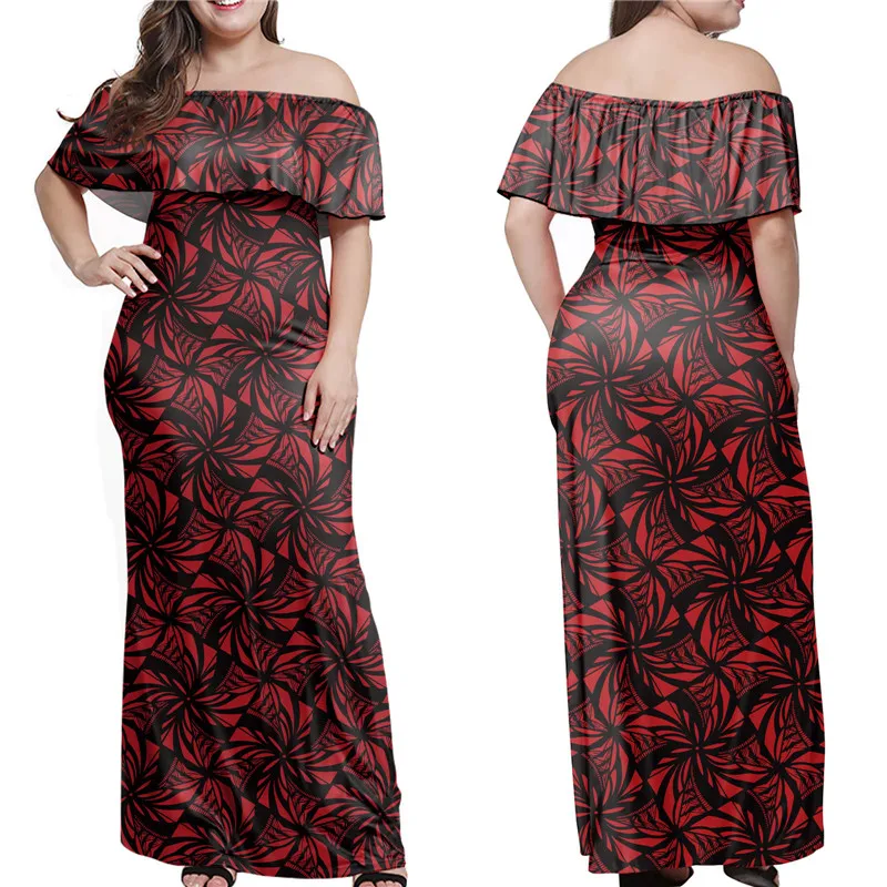 

Doginthehole Vintage Ethnic Tribal Print Women's Sexy Off Shoulder Maxi Dress Dark Red Color Elegant Party Robe Casual Loose