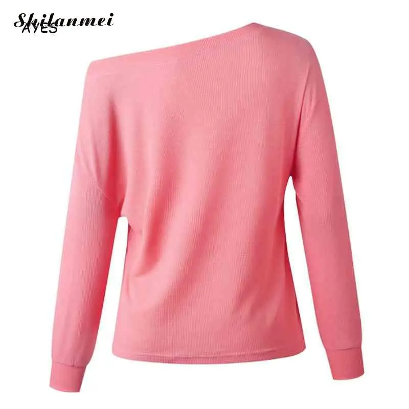 Свитер на одно плечо женские розовые свободные трикотажные пуловеры 2019 осень