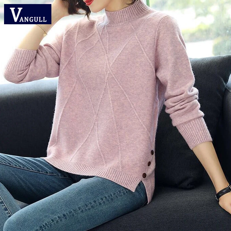 Свитер женский трикотажный с высоким воротником и длинным рукавом | Женская