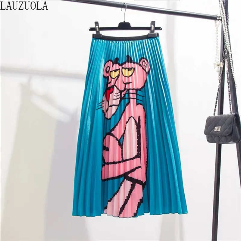 LAUZUOLA Spring Autumn Printed Cartoon Skirt Midi High Street Party Holidays High Elastic Quality Long Pleated Skirts Womens