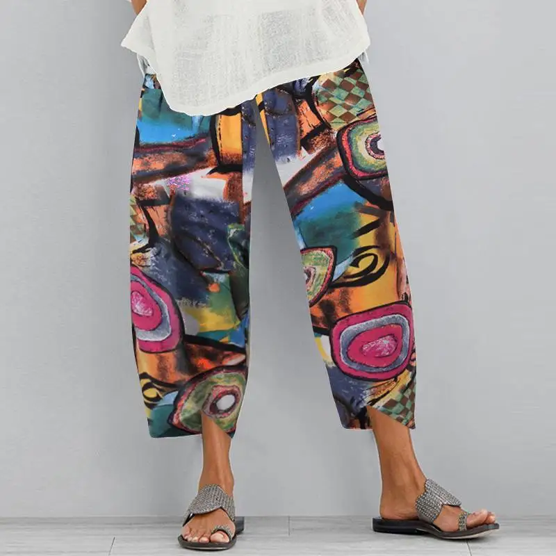 

Women Vintage Harem Pants Floral Print Elastic Waist Plus Size Loose Trousers Cotton Linen Wide Leg Pant Loose Summer Pants