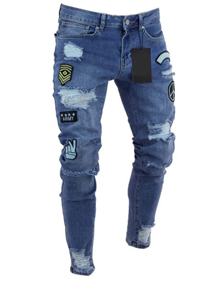 

SHZQ Men's Ripped Jeans Badge Letters Hip-hop Skinny Jogging Denim Fashion Pencil Long Trousers Distressed Jeans for Men Clothin