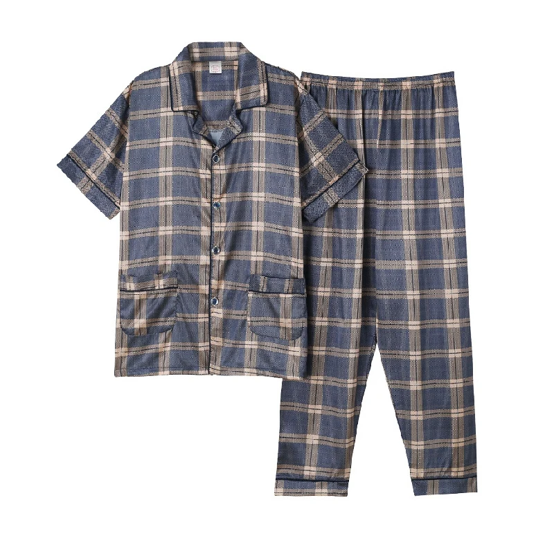 Новая летняя мужская Шелковая пижама с имитацией ледяной шелковой клетчатой