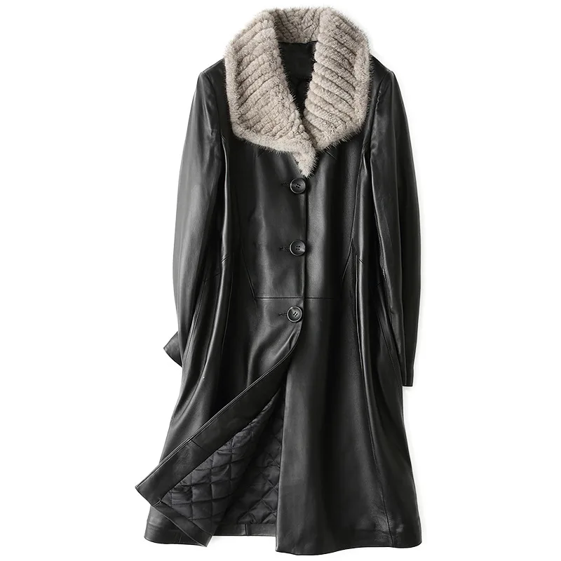 Superior Real Sheepskin Genuine Leather Mink Collar Black Long Three Buttons 3XL Turn-down Collar Women Winter Lady Quilted Coat