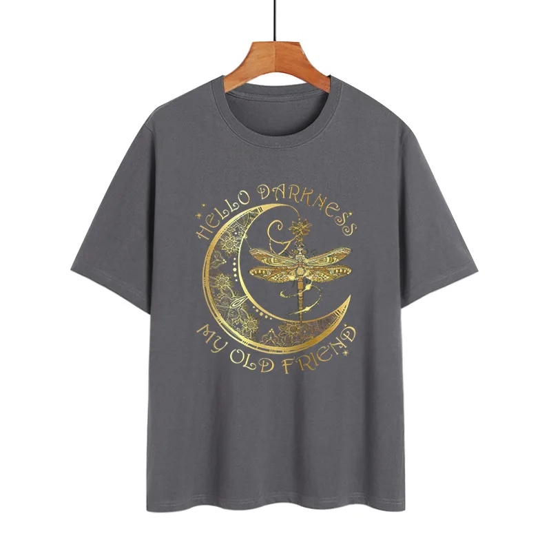 

Hippie Hello Darkness My Old Friend Moon and Dragonfly T-shirts Women Short Sleeve Vintage Tee Tops Cotton Female Clothes