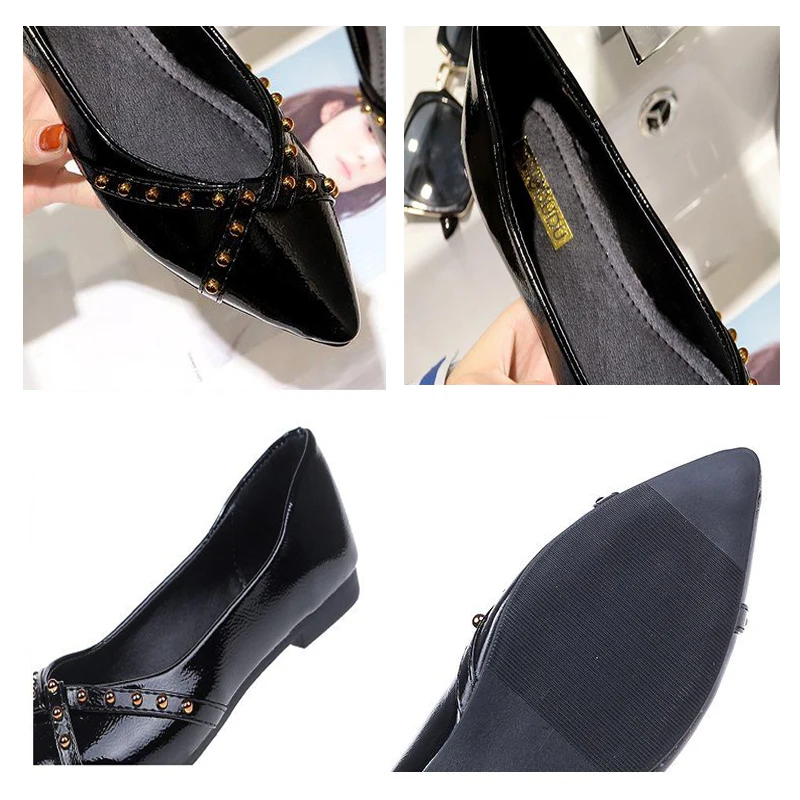 

Rivet String Bead Pointed Toe PU Patent Leather Slip-On Non-Slip Office Shoes Elegant Shallow Casual Flats Sweet Party Shoes