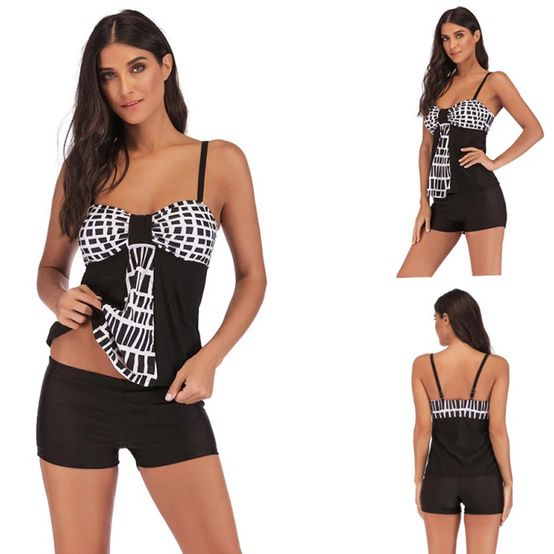 Женский размера плюс танкини купальник с шортами черный сетчатый открытой