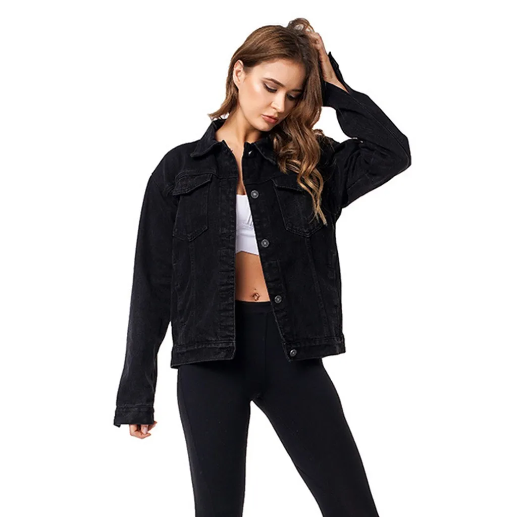 Женские повседневные Черные одноцветные джинсовые куртки 2019 весенне осенняя