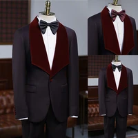 2 pieces men suits groom tuxedos burgundy velvet big lapel groomsmen custom made wedding mens bridegroom suits costume homme