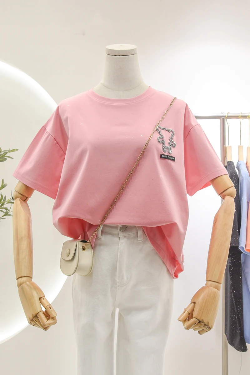 

Women's Korean-Style 2021 Spring/Summer Rhinestone Cartoon Korean Loose Plus Short-Sleeved Bottoming Shirt T-shirt Tops