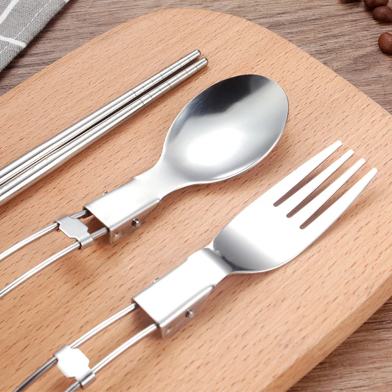 

304 Stainless Steel Folding Tableware Three-piece Set Outdoor Multi-functional Foldable Spoon Fork Chopsticks Knife Portable Tab