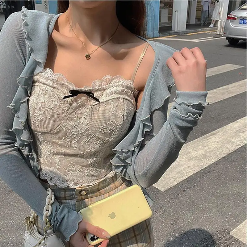 

Summer Sweet Wave Adge See Through Cardigans For Women Harajuku Street Wear Thin Sweater Outwear Ladies Casual Cardigans