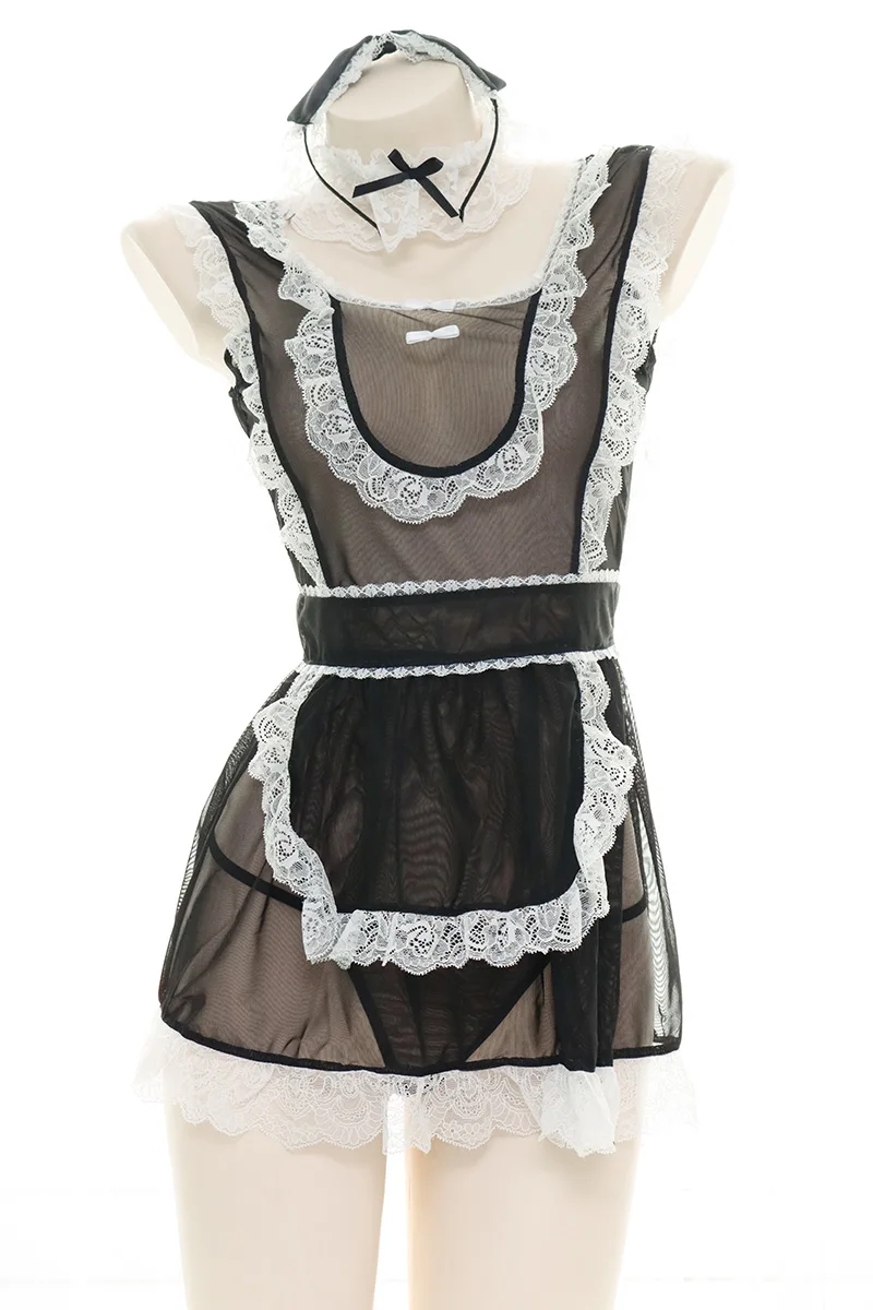 

Sexy Black Perspective Lace Dress Uniform Suit Chiffon Pajamas Women Girls Student Apron Bandage Homewear Sleepwear Cosplay