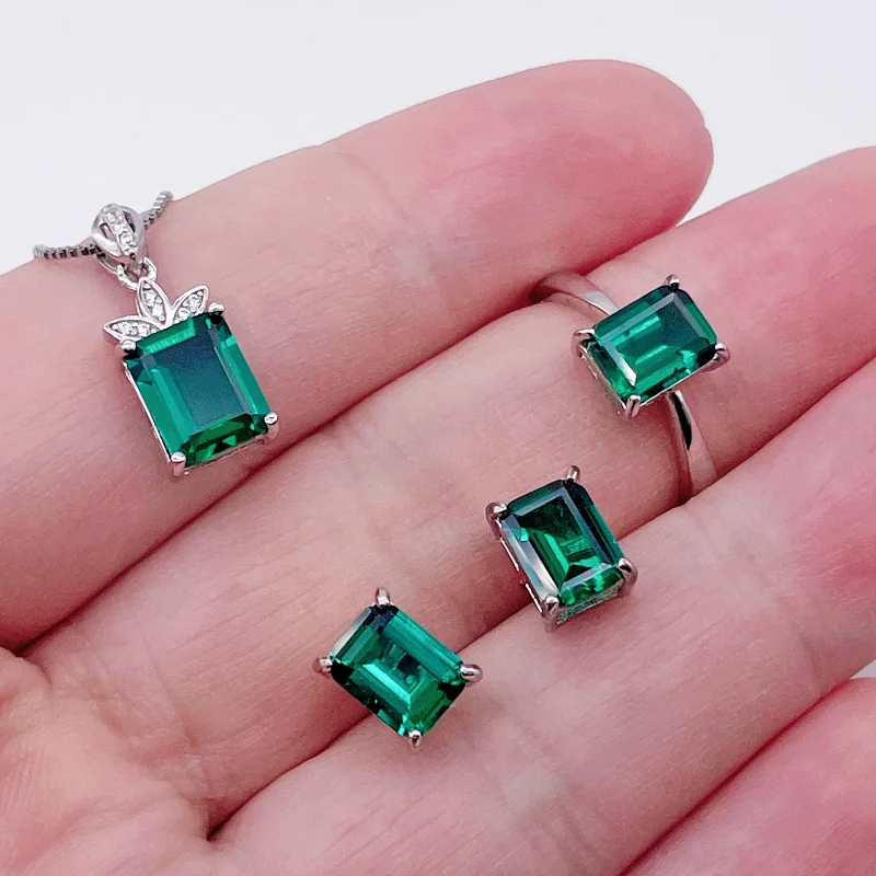 

Luxury Emerald Ring Stud Earrings Pendant Necklace Lab Created Emerald Jewelry Set Columbia Zambia Green Gemstone S925 Silver