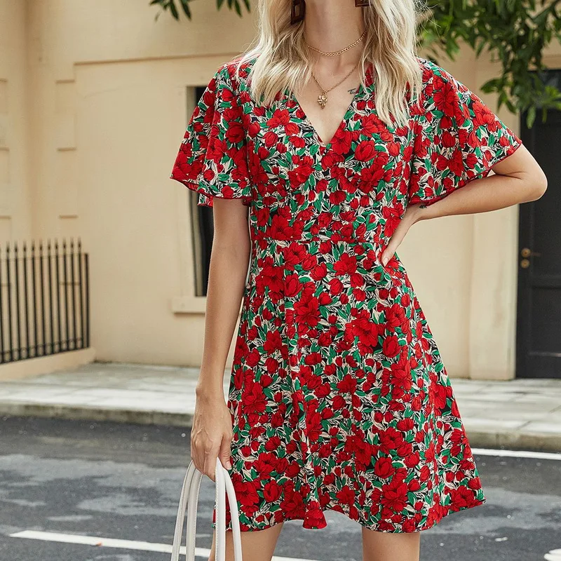 

Женское платье в стиле ретро с оборками, Элегантное повседневное красное платье с цветочным принтом и V-образным вырезом, облегающие пляжны...