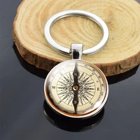 vintage compass photo double side glass cabochon keychain men women bag pendant key holder travel gift