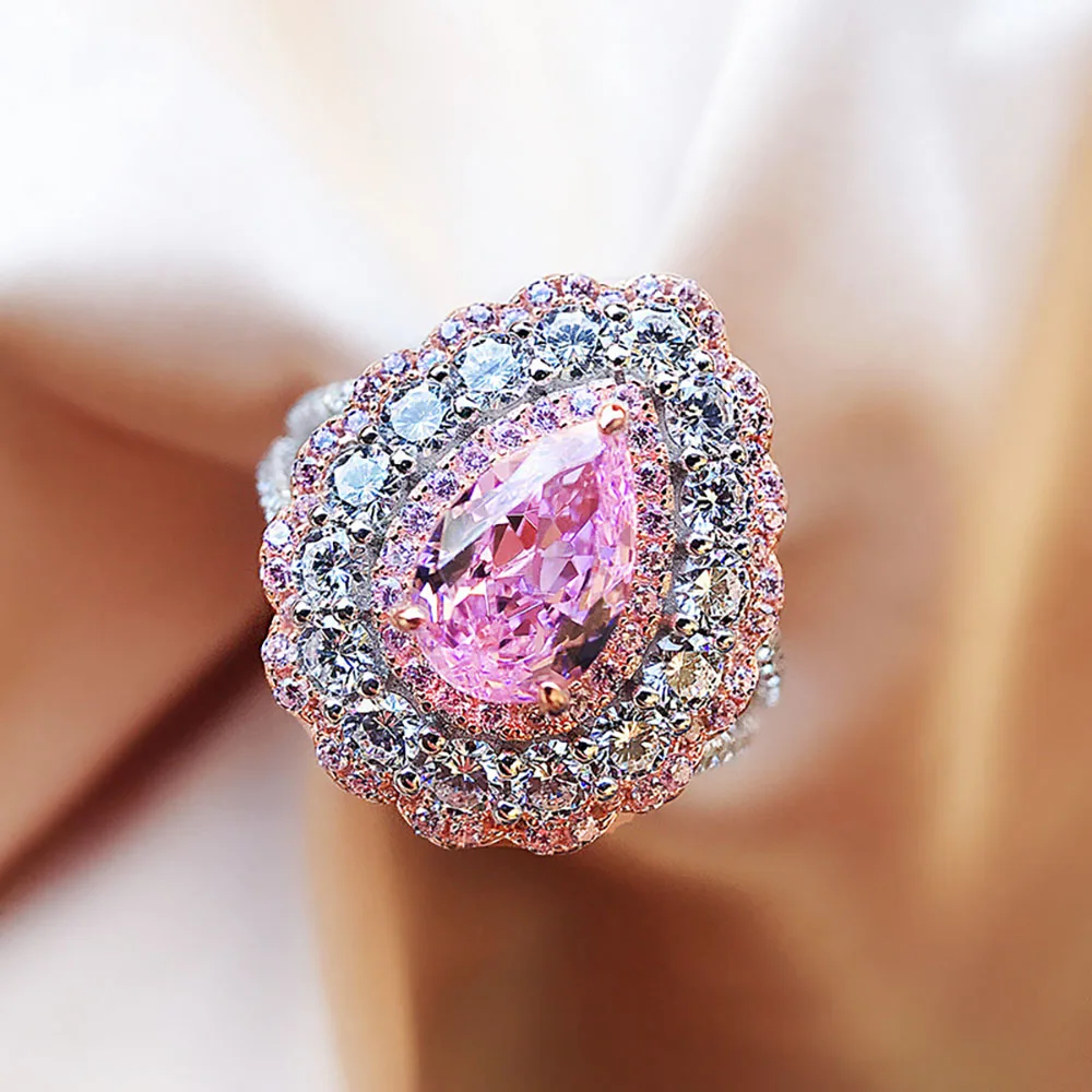 

2021 Trend Luxury 925 Sterling Silver Pink Quartz Crystal High Carbon Diamond Wedding Engagement Rings Party Cocktail Jewelry