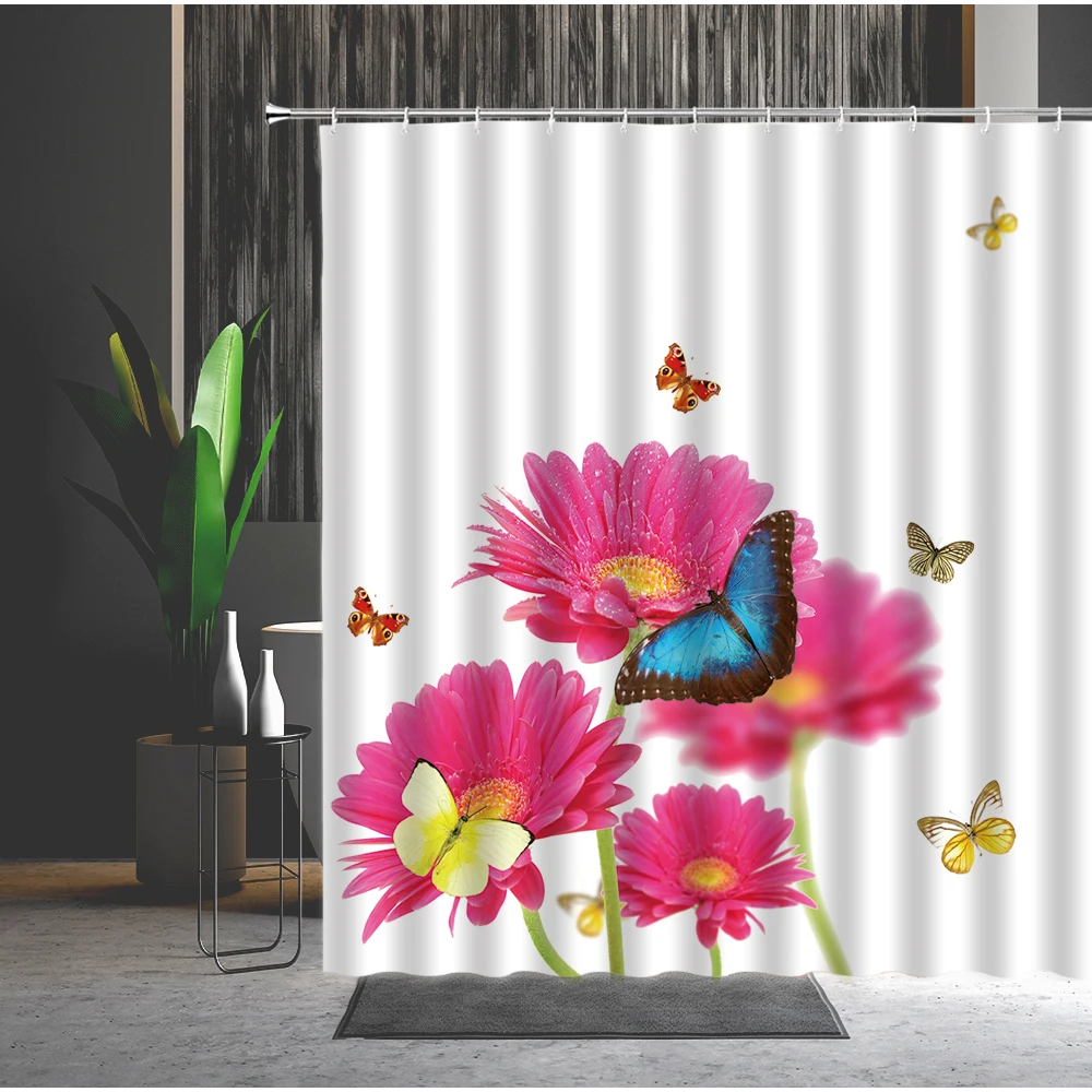 

Shower Curtain Blue Butterfly Natural Plant Colorful Background Flowers 3D Printing Waterproof Bathroom Curtains Set With Hooks
