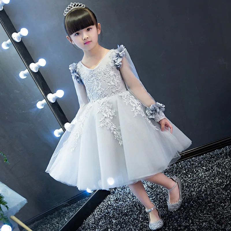 Серебряное платье с фатиновой юбкой для маленьких девочек на свадьбу