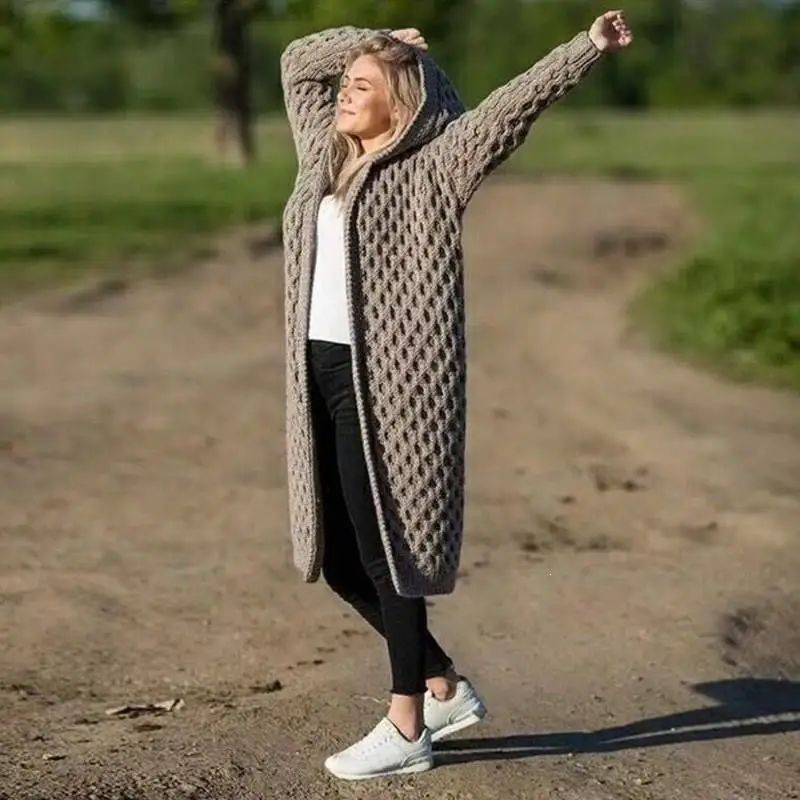 Autumn Fashion Women's Hooded Thick Knitted Sweater Cardigan Solid Plus Size Long Sleeve Winter Warm Cloak Coat |
