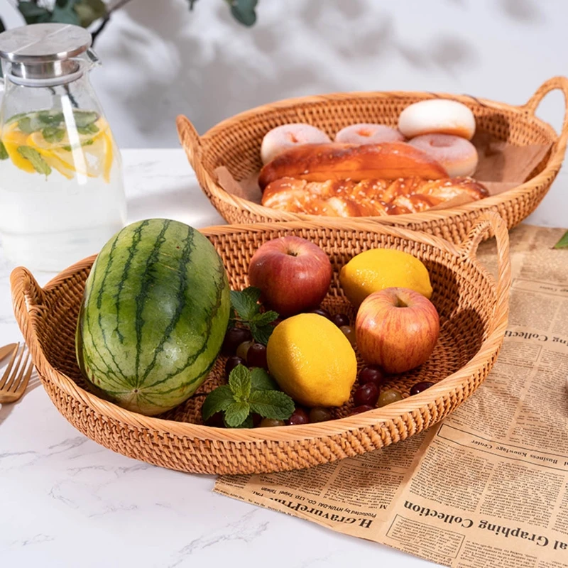 

Плетеная корзина из ротанга для фруктов, чаша для хлеба и овощей, органайзер для хранения еды и закусок, кухонный стол, сервировочный лоток ...