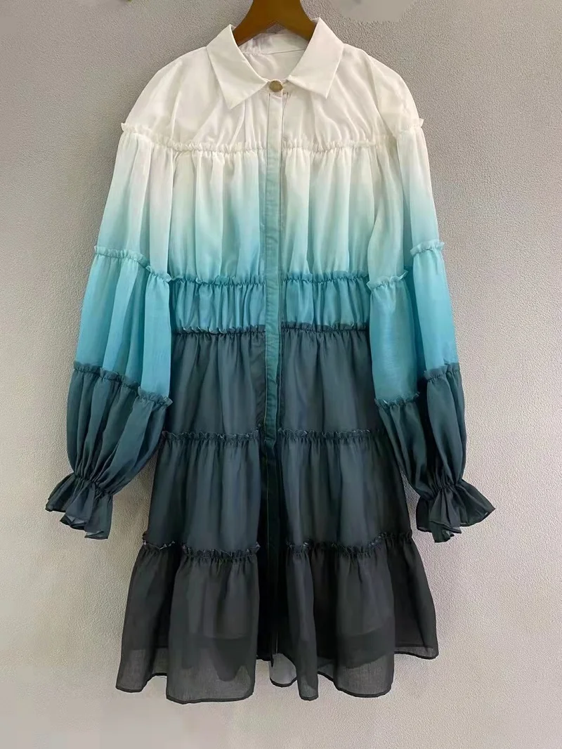 

High Quality Silk Dress 2022 Spring Summer Sexy Party Ladies Turn-down Collar Gradient Collar Hollow Out Backless Shirt Dress