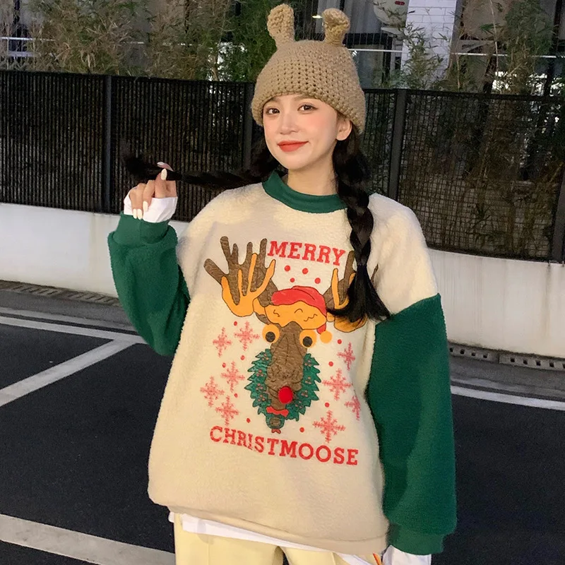 

2021 Christmas Theme Imitation Lamb Wool Pullover Sweater Ladies Loose Korean Version Ins Lazy Bf Plus Velvet Thick Chic Jacket