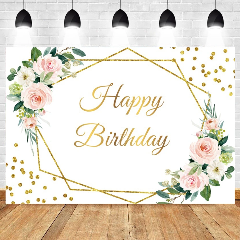 

Yeele Adult Happy Birthday Background Baby Photography Golden Pink Rose Party Backdrop Photographic Photo Studio Photophone