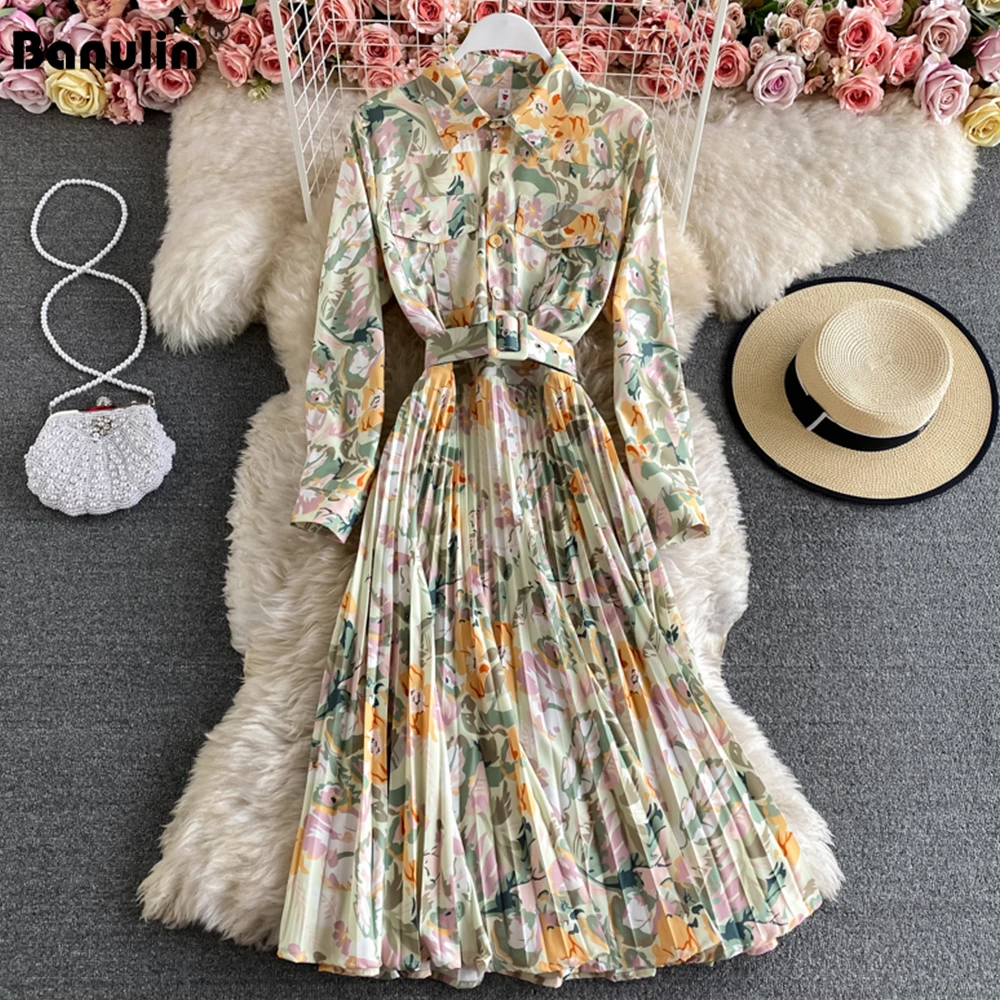 

Banulin 2021 Spring Summer Runway Long Sleeve Dress Women's Turn Down Neck Vintage Print Casual Party Dresses Female Shirt Dress