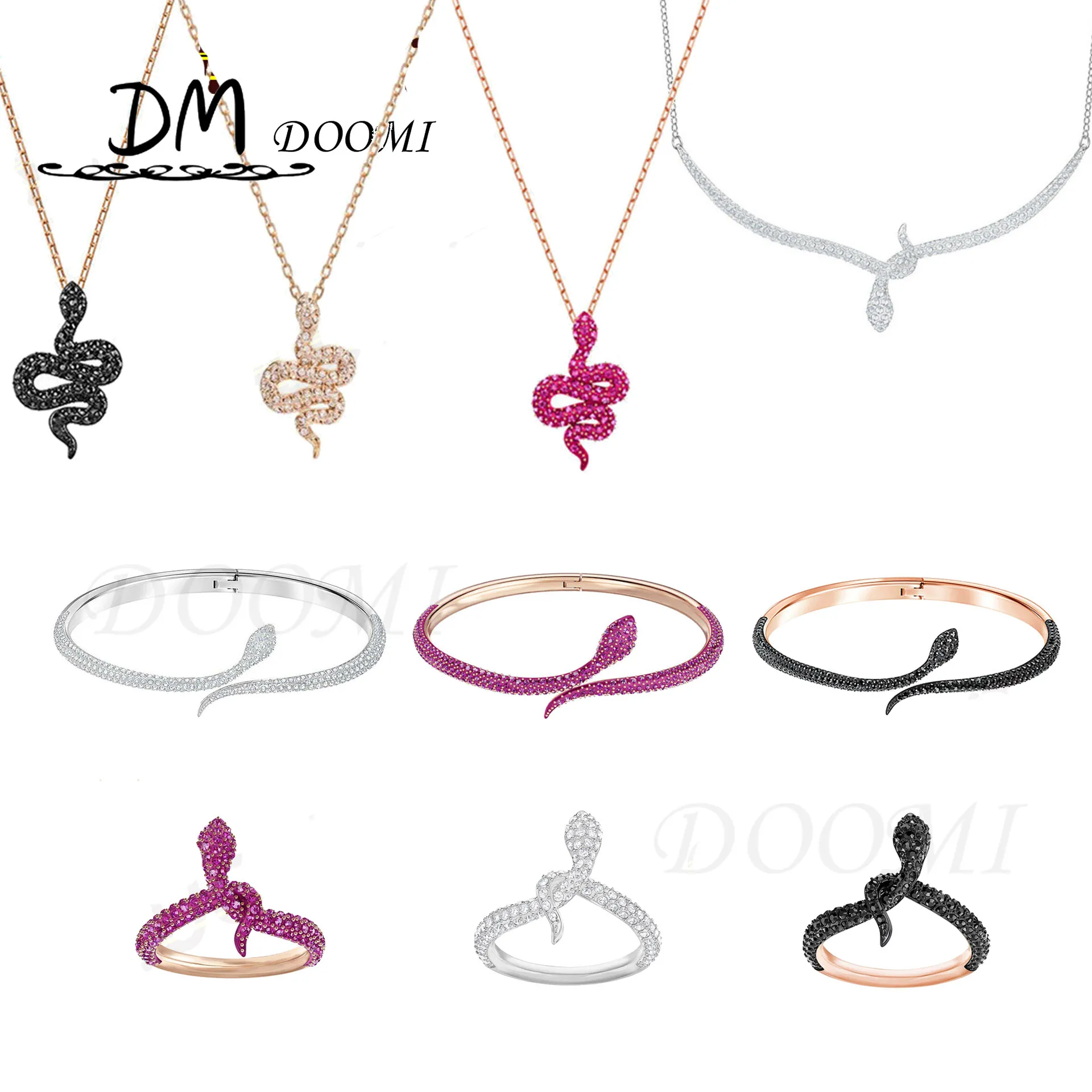 

2020 Fashion Jewelry SWA 1:1 Exquisite New Snake Design Black White pink Charm Ring Bangles Necklace Set For Women
