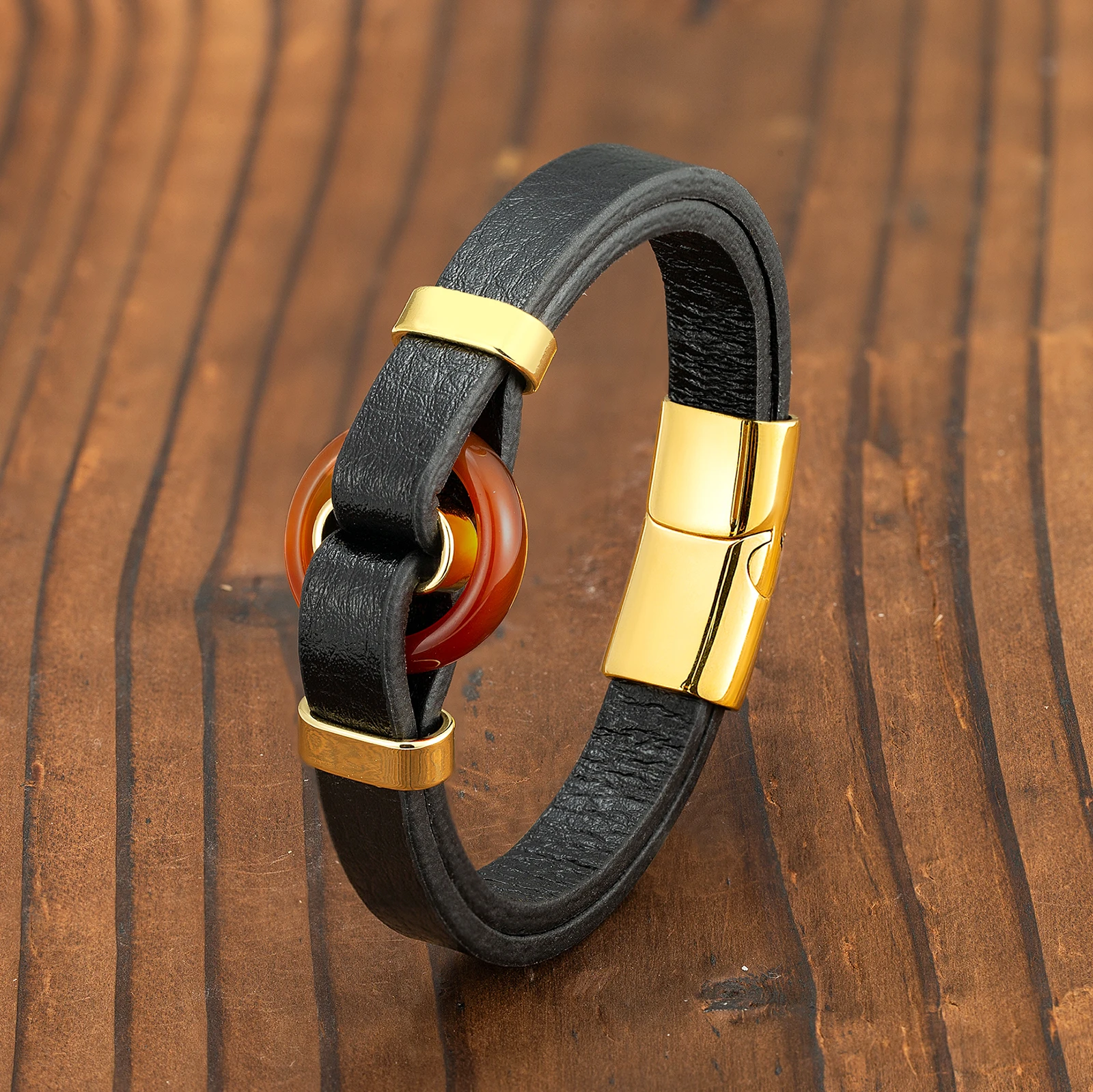 

New Natural Red Agate Hollow Circle Cross Fashion Jewelry Men's Bracelet 316L Stainless Steel Double Layer Black Leather Rope