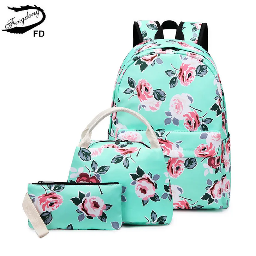 Женский комплект из рюкзака и сумки Fengdong, черный комплект из школьного рюкзака и сумки с зелеными цветами, с отделением для пищевых продукто...