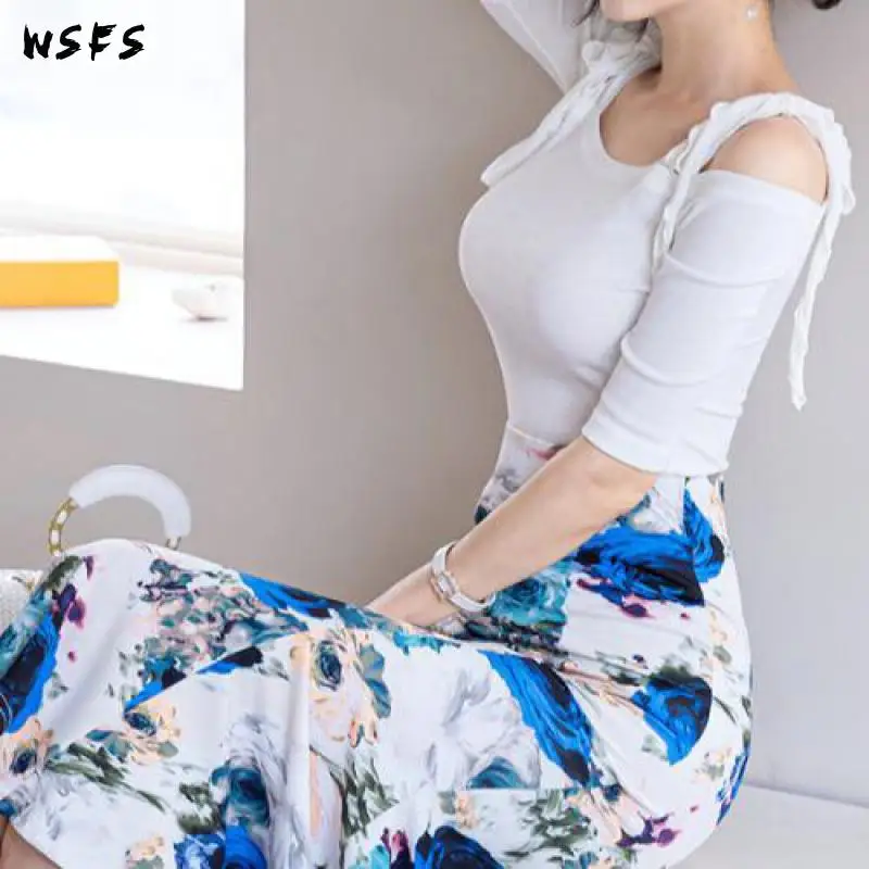 

2 Piece Set Summer Dress White Slash Neck Women Dresses Bandage Bodycon Sexy Party Midi Mermaid Blue Floral Skirt Korean Clothes